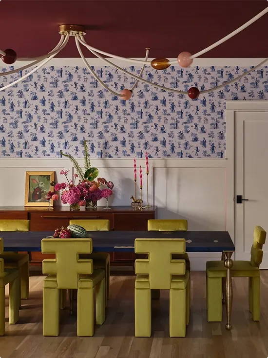 Toile Wallpaper with Chartreuse Chairs and Crimson Ceiling