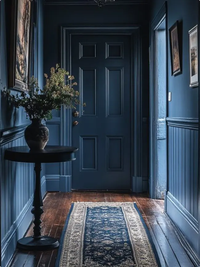 Traditional Hallway with Blue Paneling and a Persian Rug