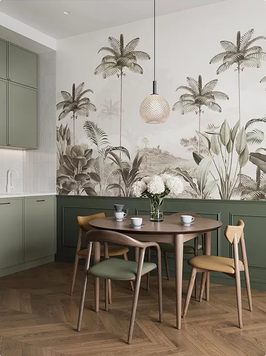 Tropical Mural beside Sage Cabinetry