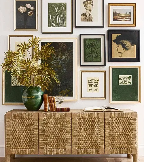 Botanical Gallery Wall and Woven Rattan Cabinet