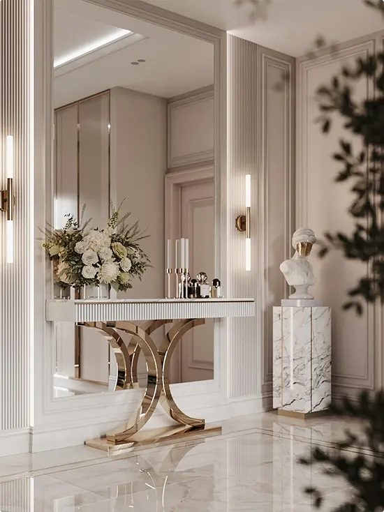 Gold Console in a Luxury Blush Hallway with Marble Pedestal
