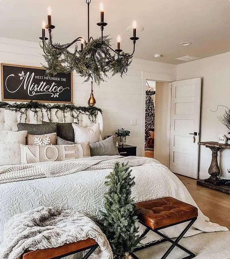 Master Bedroom Christmas Decor with Cedar Chandelier Garland