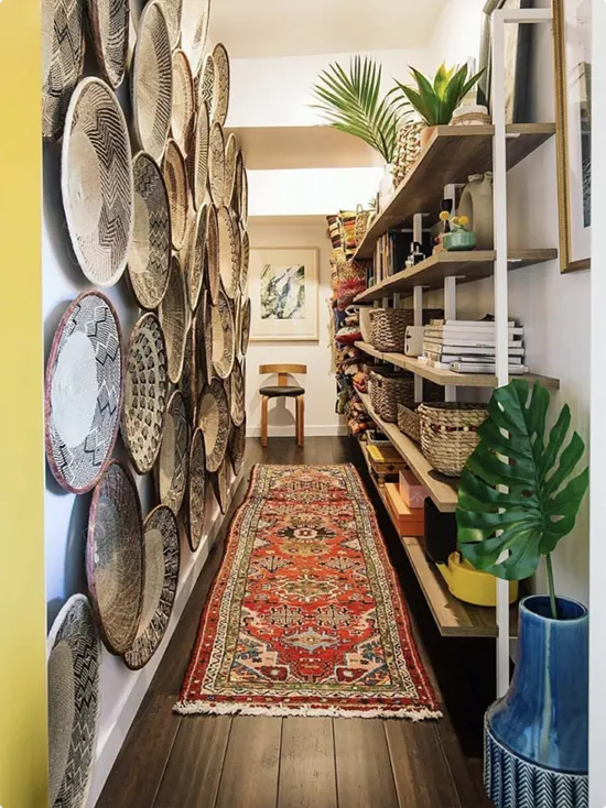 Open Shelving with Woven Baskets and Red Persian Runner