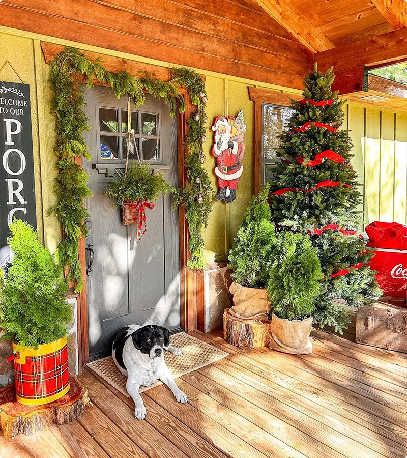 Porch Trees with Plaid Tins for a Rustic Christmas