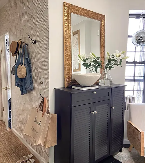 Textured Wallpaper and Oversized Gold Mirror