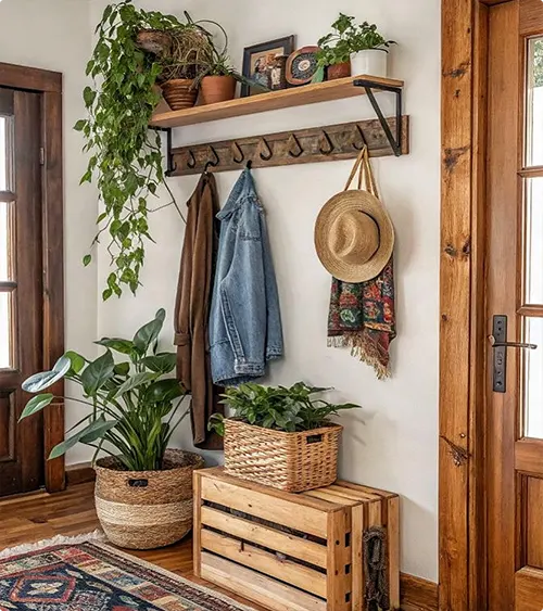 Trailing plants and a rustic farmhouse entryway corner