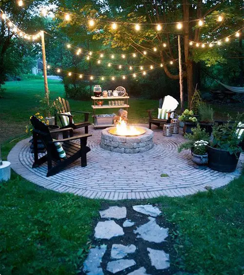 Backyard Fire Pit Area With String Lights