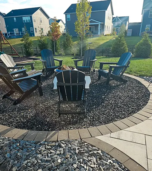 Dark Gravel Fire Pit with Navy Chairs