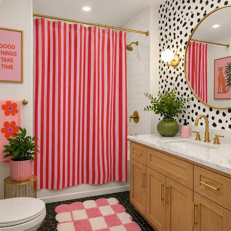 Bathroom with Dalmatian Print Wall and Red Stripes