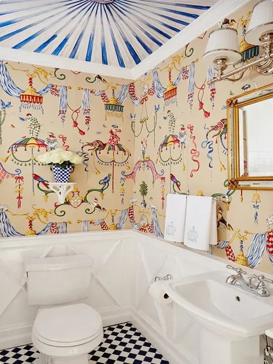 Blue and White Striped Ceiling with Circus Wallpaper, Jugglers, Animals and Festive Decorations