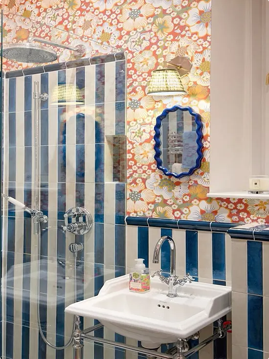 Blue White Tile and Floral Wallpaper
