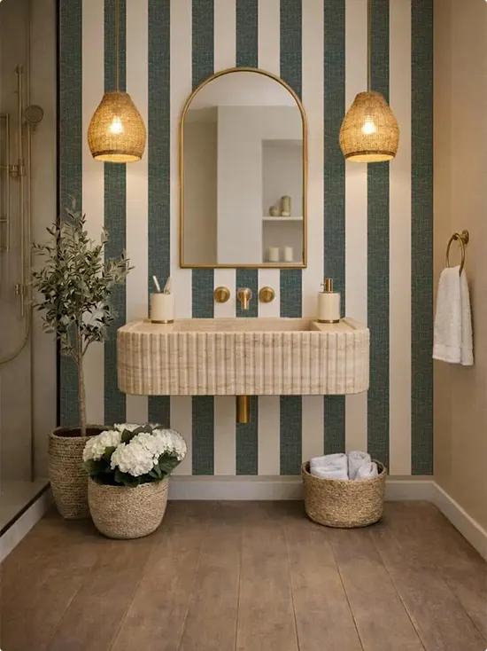 Deep Teal Striped Walls with Rattan Pendants