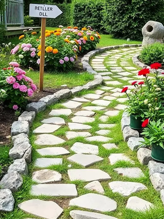 Flagstone Path in Grass with Colorful Flower Border and Boulder Edging