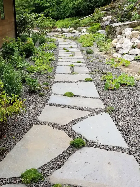 Gravel and Moss Infill in a Wide Flagstone Path