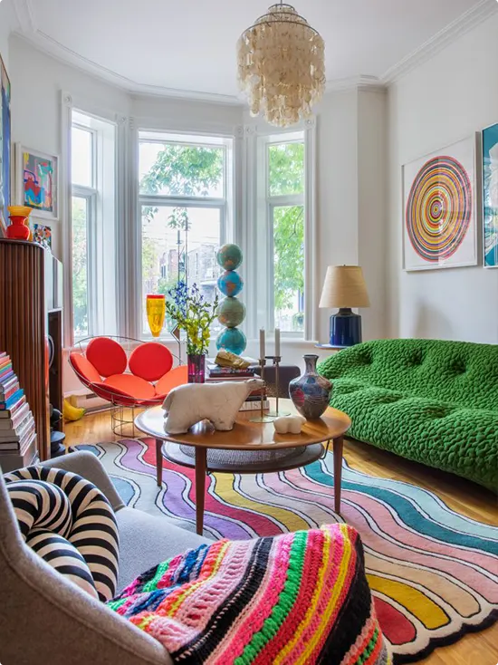 Green Textured Sofa with Colorful Accents