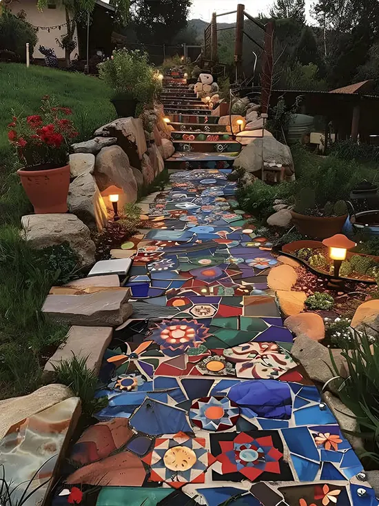 Mosaic Tile Walkway with Ground Lights