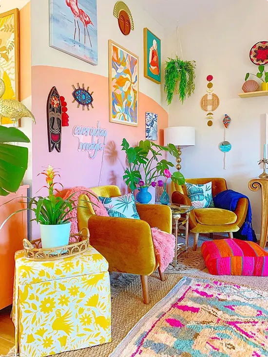 Mustard Velvet Chairs by a Two-Tone Gallery Wall