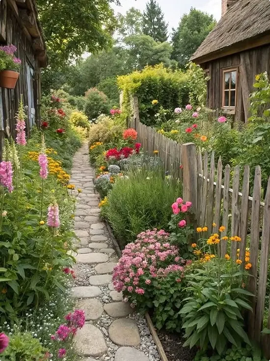 Narrow Winding Cobblestone Path Between Rustic Building and Fence