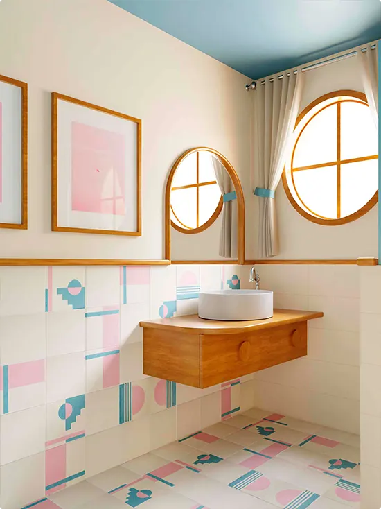 Pink and Blue Geometric Tile with Porthole Window and Arched Mirror