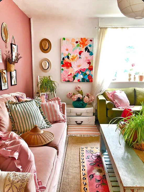 Pink Sofa and Olive Green Couch Living Room
