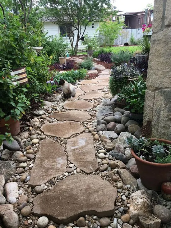 River Rock Garden Path with Cat in the Center