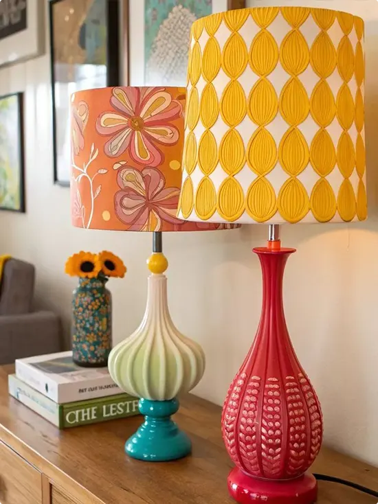 Two Vintage Ceramic Table Lamps with Patterned Shades