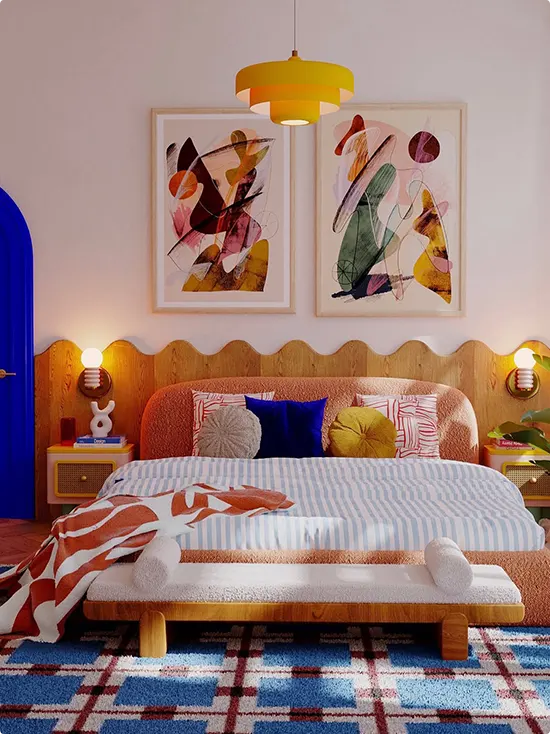 Wood Headboard and Abstract Art