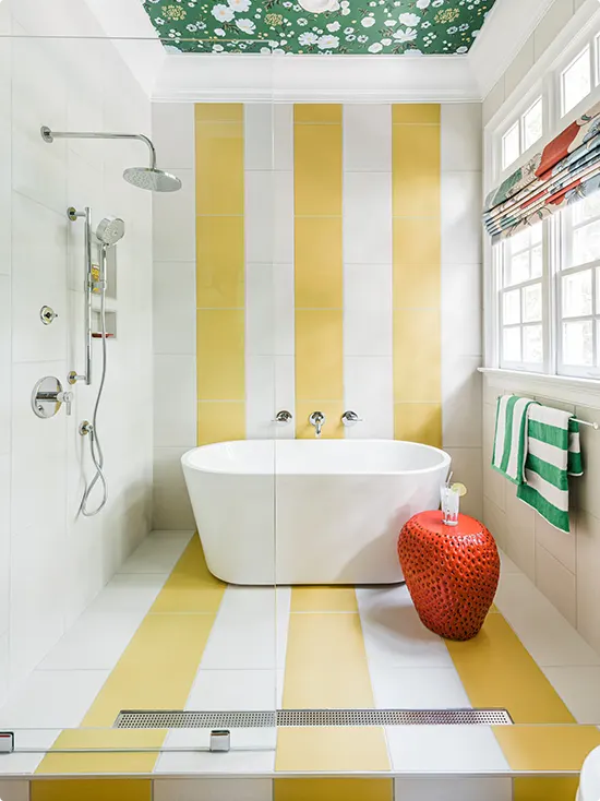 Yellow and White Floor-to-Wall Stripes with Green Floral Ceiling Wallpaper