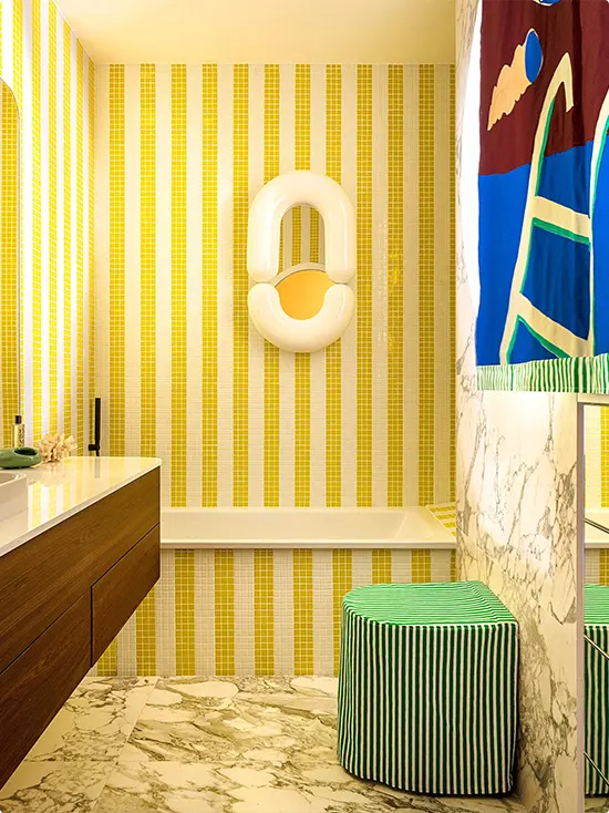 Yellow Mosaic Stripes with Green and White Upholstered Tub Stool