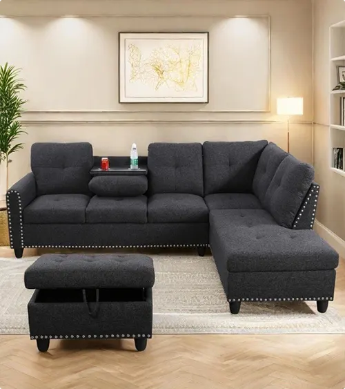Dark Gray Nailhead Sectional on Herringbone Wood Floor