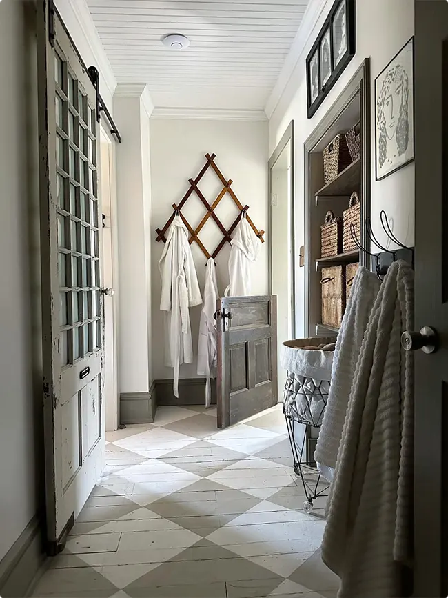 Diamond Tile Floor and Weathered Gray Barn Door