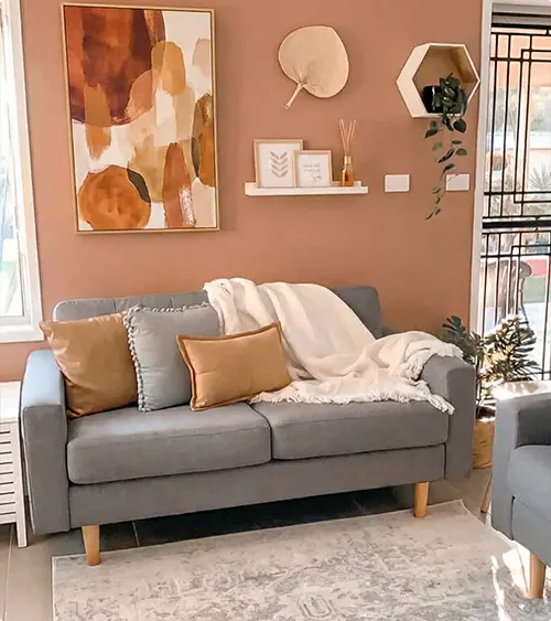 Gray Sofa Against a Terracotta Accent Wall