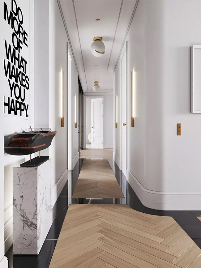 Herringbone Wood Floor with Gold Fixture