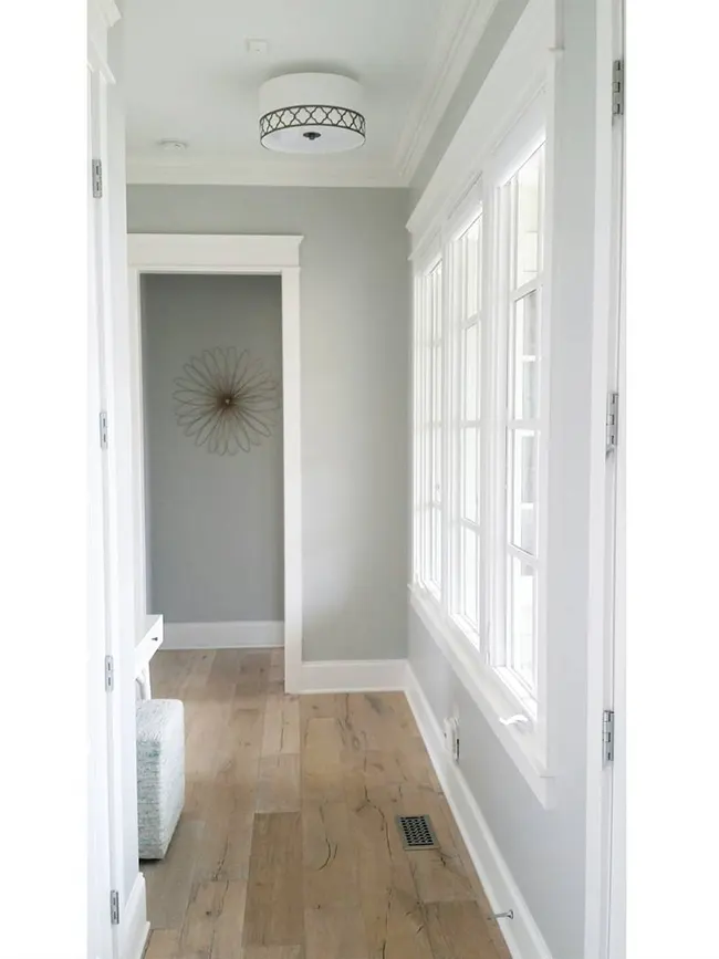 Minimalist Wall Art in a Gray Hallway