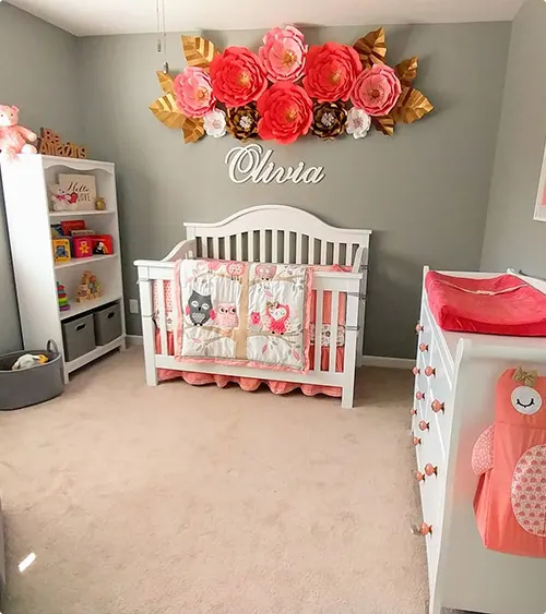 Nursery Wall Decor with Paper Flowers and Gray Walls