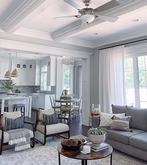 Soft Gray Coffered Ceiling in an Open Floor Plan
