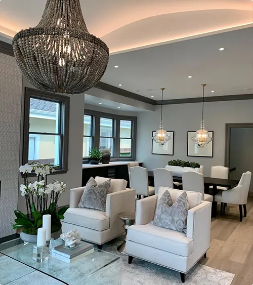 Textured Gray Walls and a Beaded Chandelier