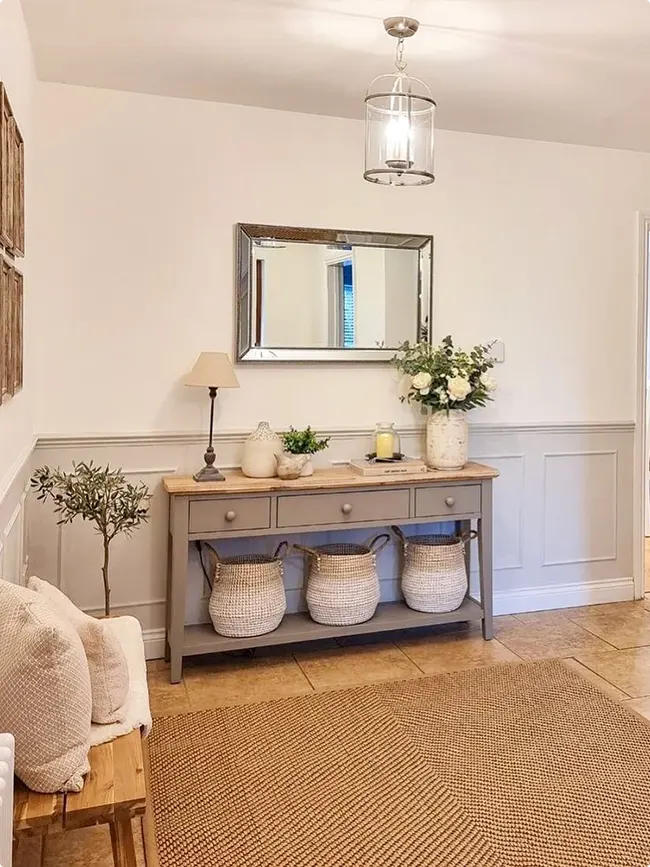 Woven Basket Storage Console in Taupe-Gray