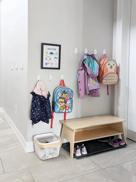 A Bench for Kids with Colorful Hooks