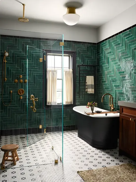 Emerald Herringbone Tile with Black Tub