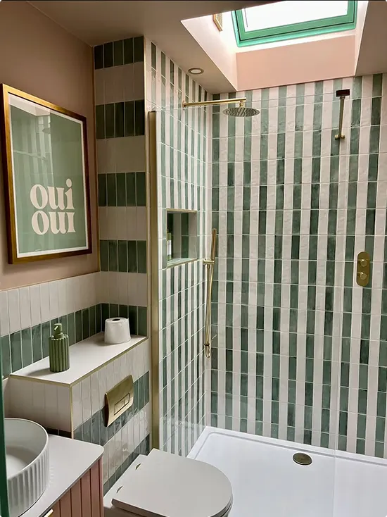 Green and White Striped Tile with Soft Pink Walls