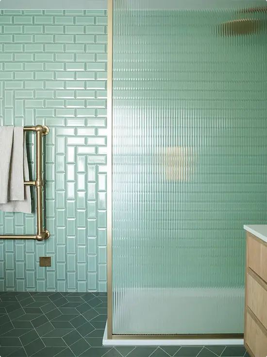 Mint Green Basket Weave Subway Tile and Ribbed Glass