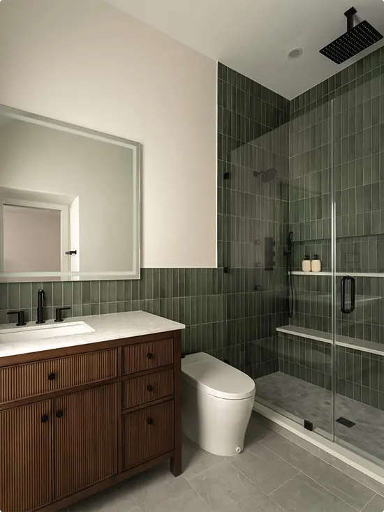 Sage Green Vertical Tile With a Ribbed Wood Vanity