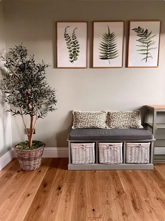 Soft Gray Hallway Bench with Fern Prints