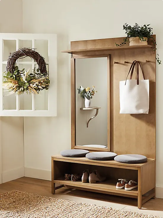 Tall Bench for the Entryway with Hooks and Mirror