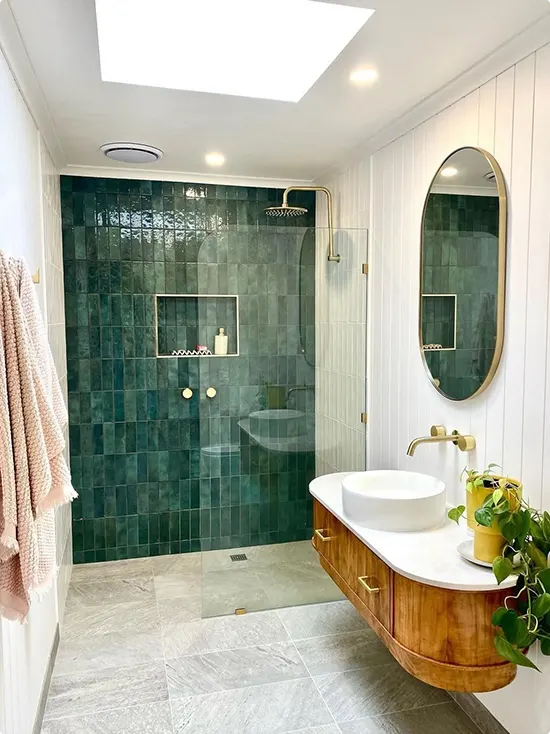 Teal Zellige Tile with Warm Wood Vanity