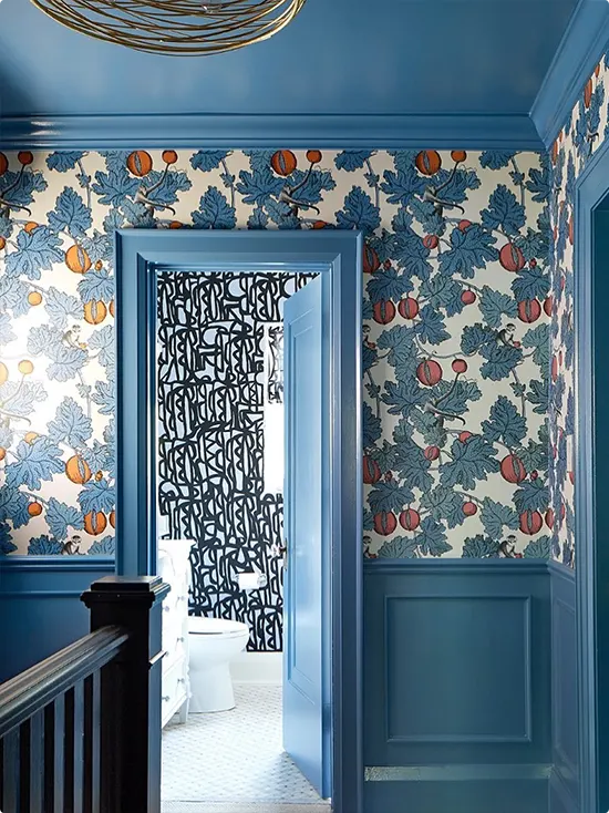 Blue Wallpaper Covered in Vintage Peaches and Leaves