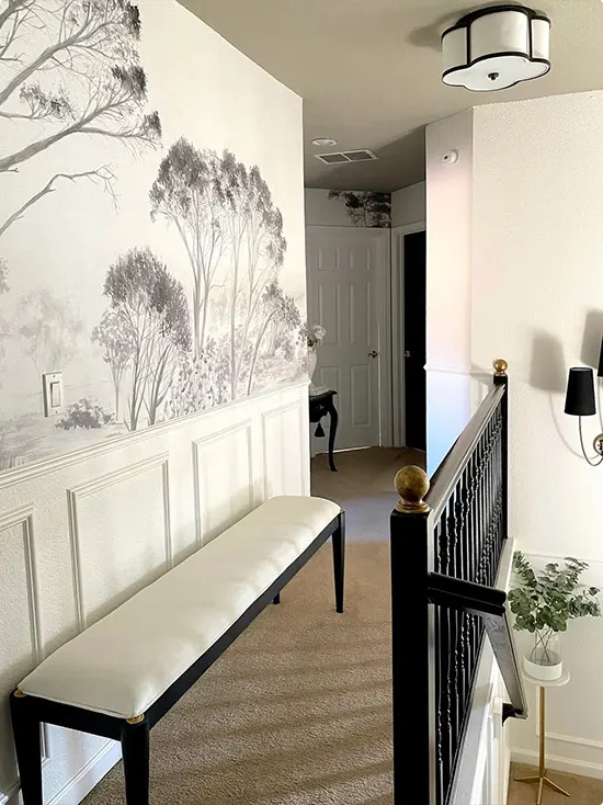 Classic Wainscoting and a Black and White Misty Tree Mural