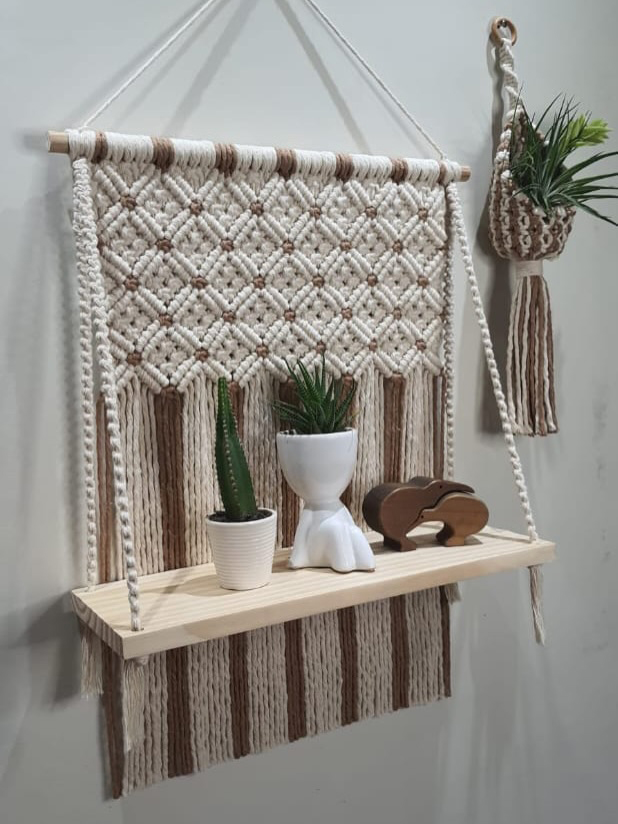 Cream and Tan Macrame Shelf and Plant Basket
