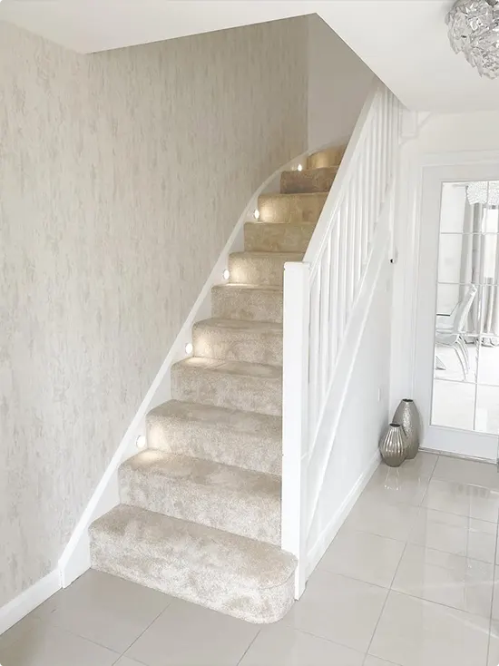 Cream Fabric-Like Wallpaper Near the Staircase